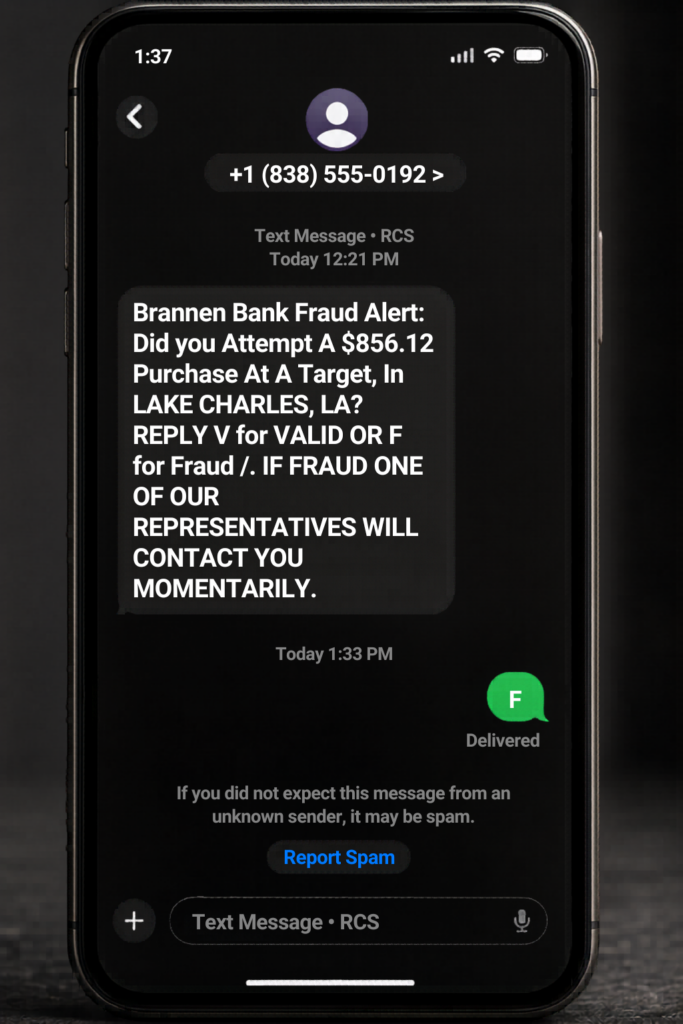 Screenshot of a fraudulent bank alert text message that appeared legitimate but originated from a spoofed phone number, beginning a larger device compromise investigation.