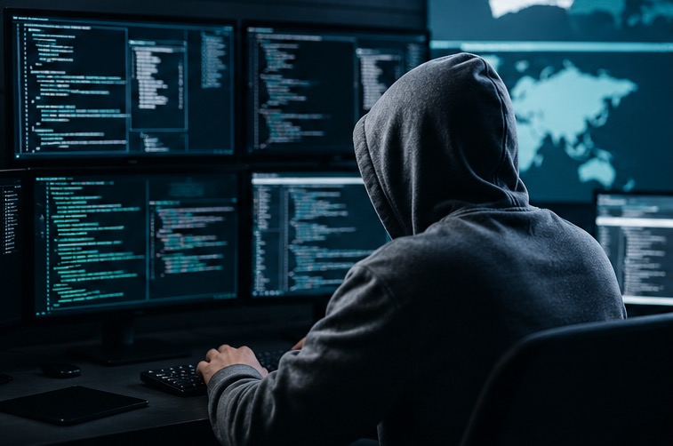 Conceptual image of a cybercriminal at multiple computer screens, representing remote access malware, compromised devices, and online account theft.