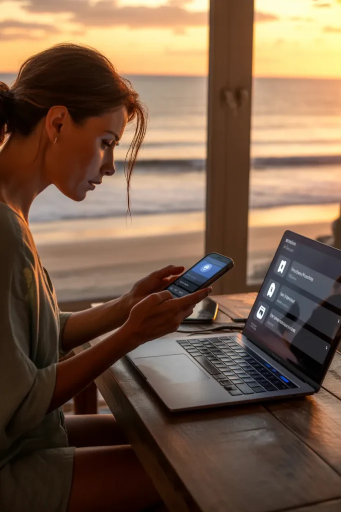 Woman sitting alone in a vacation rental near the beach, reviewing smartphone and laptop settings while investigating unusual device behavior that others had dismissed.