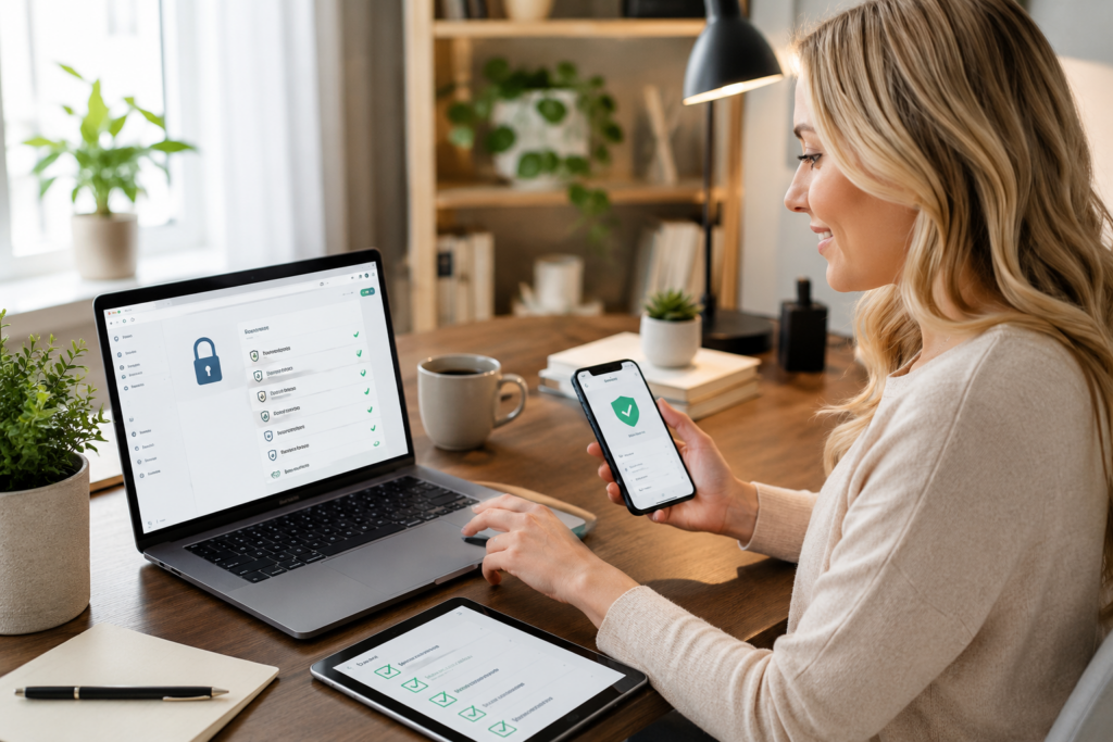 Woman rebuilding digital security across a laptop, smartphone, and tablet after a device compromise, illustrating the importance of taking recovery steps in the correct order.