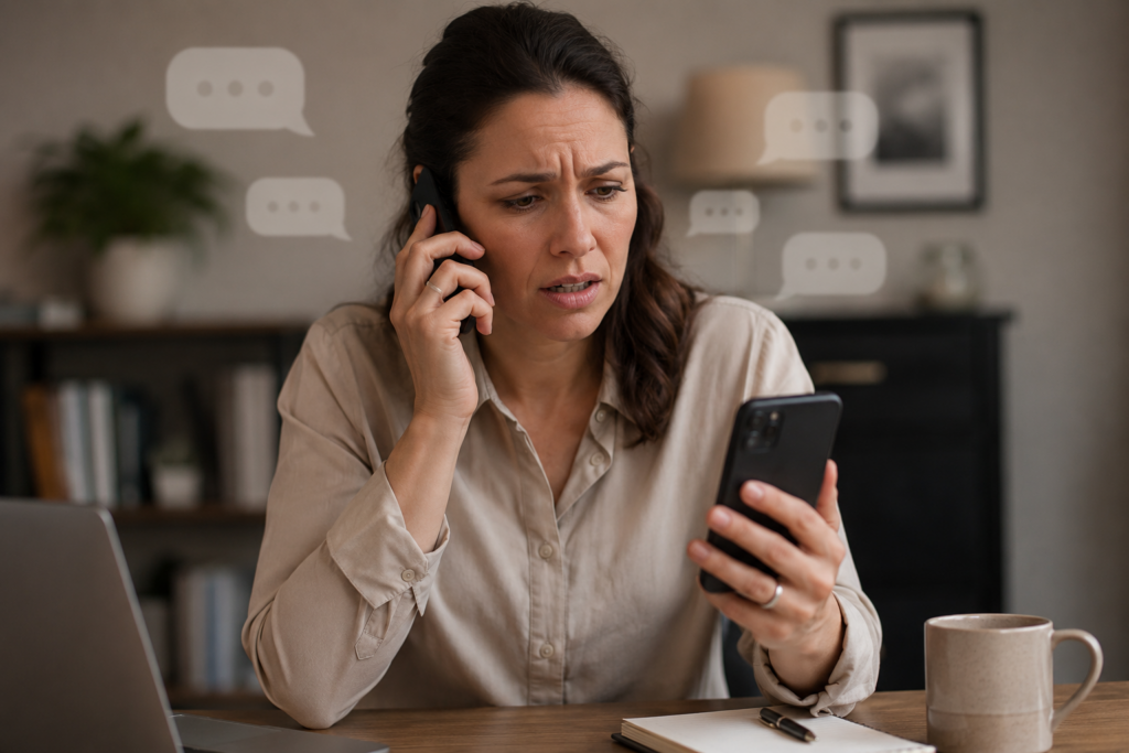 Woman speaking with support while investigating unusual smartphone activity, reflecting the experience of knowing something is wrong but struggling to find someone who will take the concerns seriously.