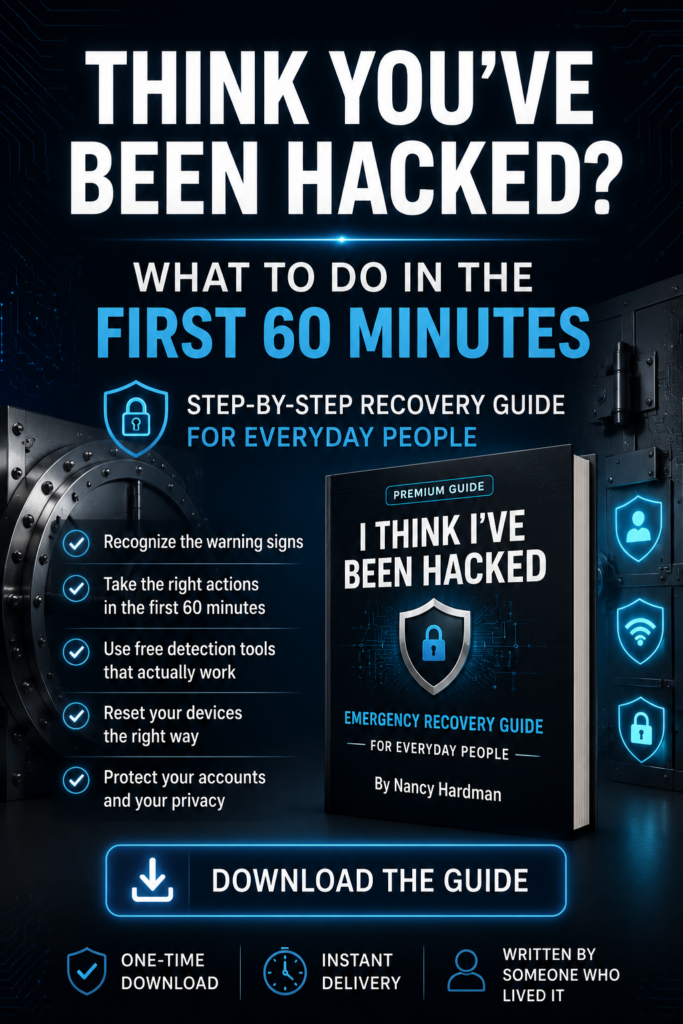 “I Think I've Been Hacked” recovery guide by Nancy Hardman, providing step-by-step instructions for identifying warning signs, securing devices, protecting accounts, and responding to a suspected compromise.