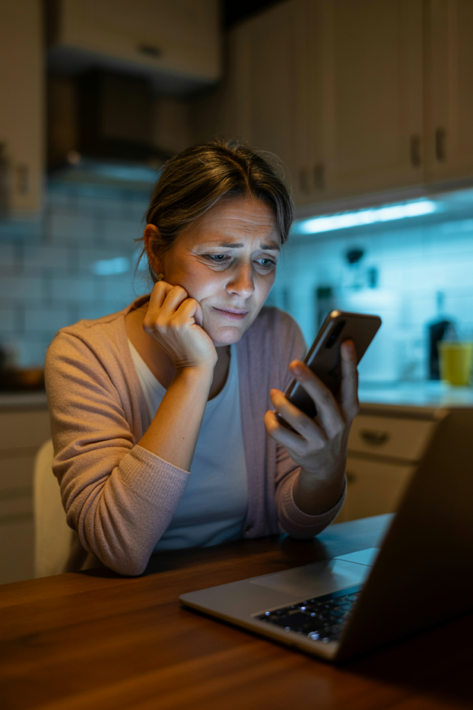 Woman sitting alone at a kitchen table reviewing her smartphone after noticing suspicious activity, representing the uncertainty many people experience before discovering a device compromise.